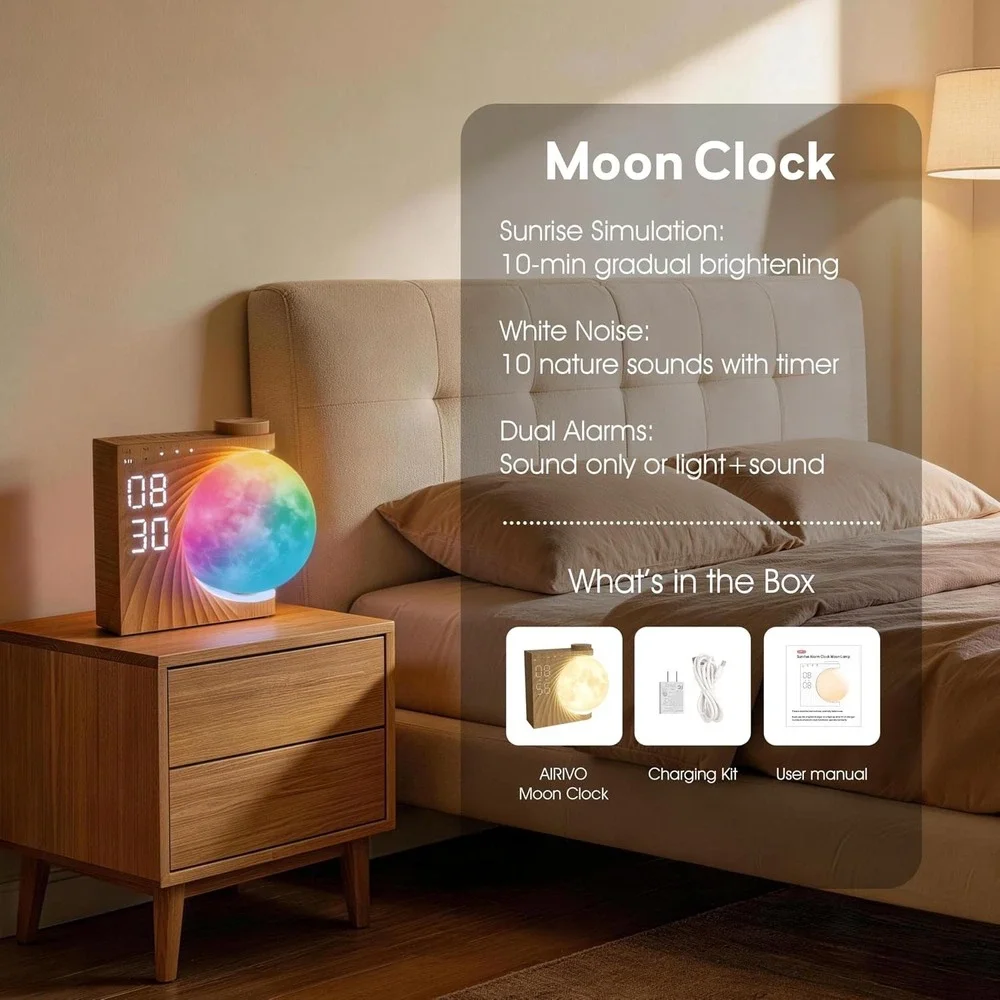 AIRIVO Sunrise Alarm Clock Moon Lamp Wood Grain Sound Machine New